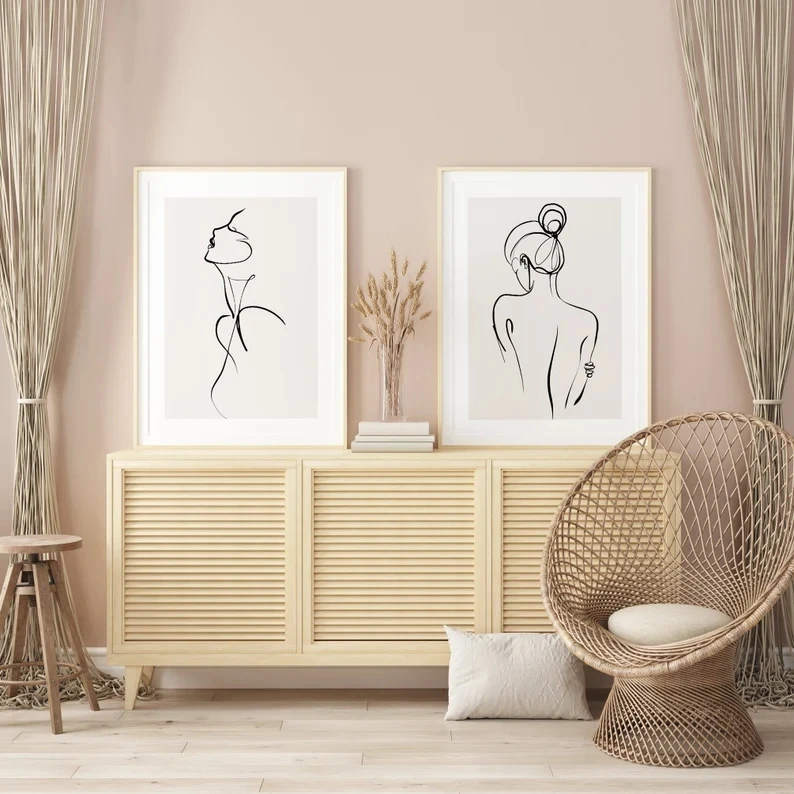 Single Line Modern Naked Girl Silhouette Line Figure Drawing Canvas Painting Minimalist Woman Line Art Boho Home Decor view 2