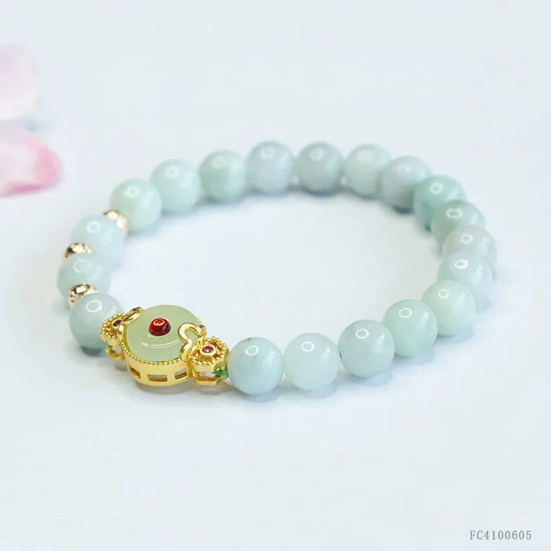 

Authentic Grade A Jadeite Bracelet - Elegant Light Green Jade Beaded Bracelet with Golden Accents