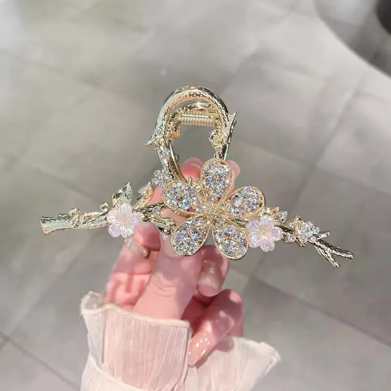 Luxury Water Drill Hair Clip with Branches and Flower for Women's Updo Hairstyle, Elegant and Exquisite Headwear for Occasions