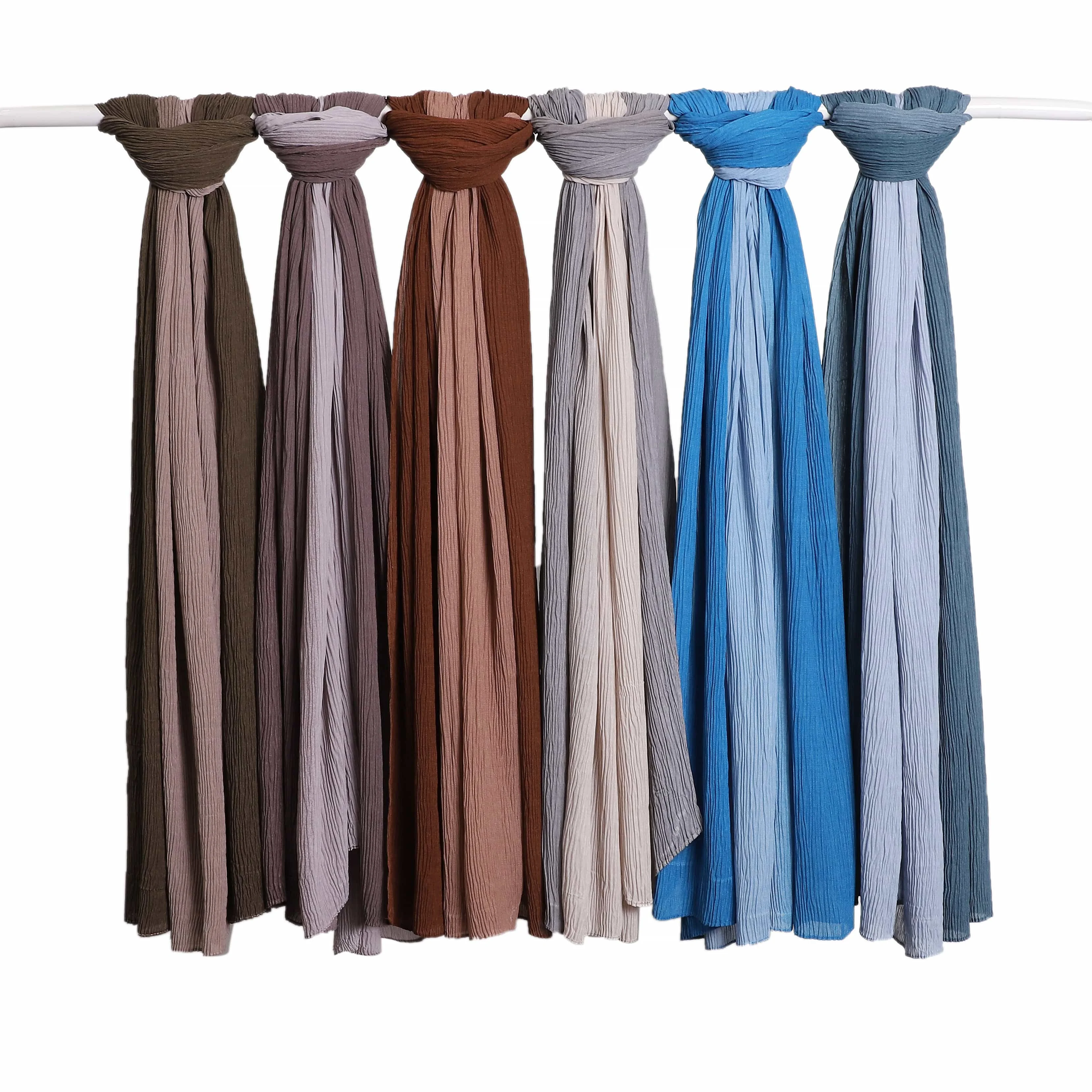 Ombre Stilvoller, elastischer, eleganter, atmungsaktiver, dünner Sonnenschutz-Farbverlauf, zweifarbiger Plissee-Schal, langer Schal aus Crinkle-Hijab-Baumwolle