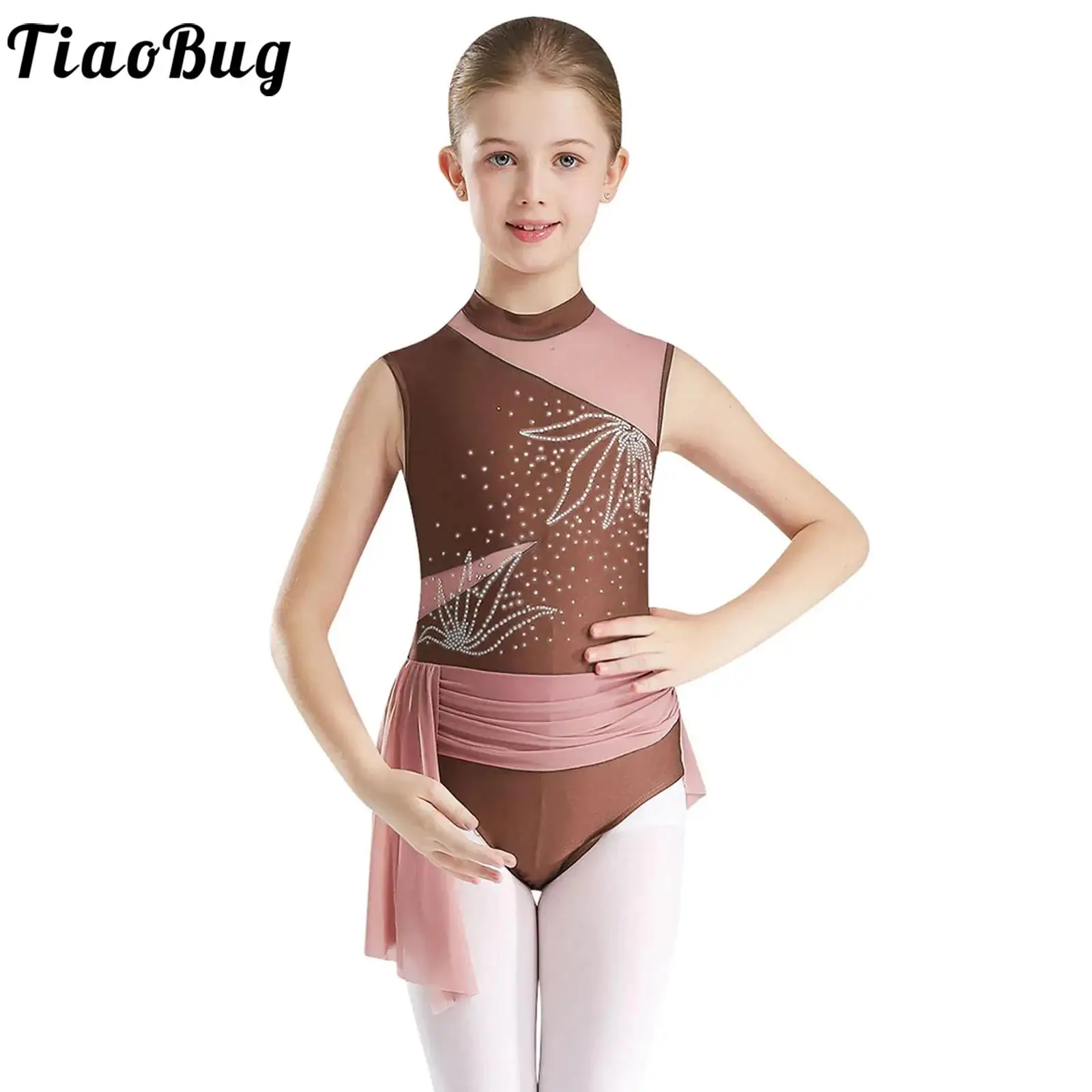 Kids Girls Rhythmic Gymnatics Leotards Jumpsuit Rhinestone Mesh Skirted Bodysuit Ballet Figure Skating Performance Dancewear