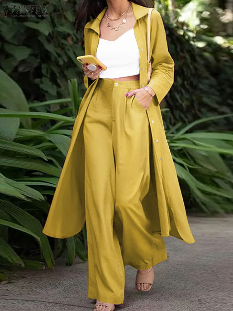 ZANZEA 2025 Frühling Frauen Pendeln Hose Sets Langarm Lange Shirts und Breite Bein Hosen 2 Stück Sets Streetwear Trendy 2 stücke Outfit