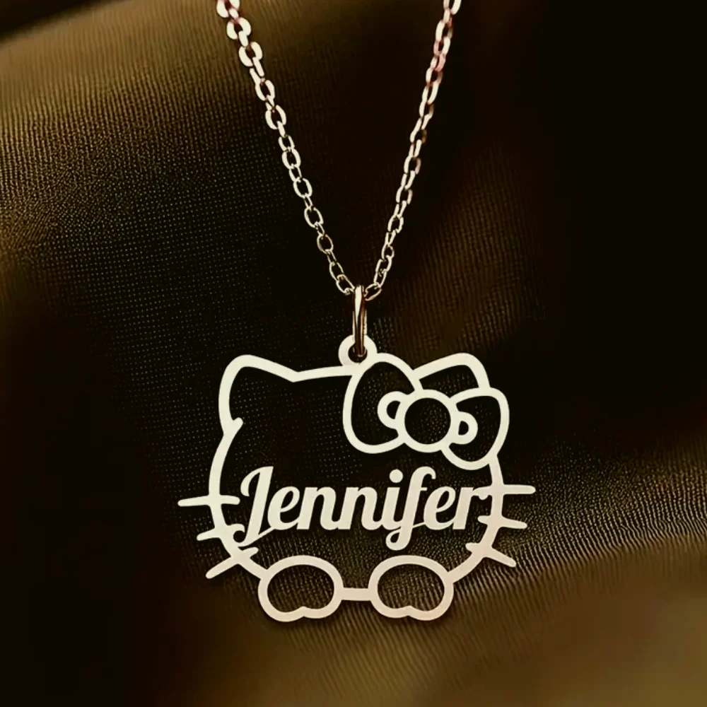 Personalized Hello Kitty Name Pendant Necklace Stainless Steel Hollow Cartoon Cat Custom Necklaces For Girls Women Jewelry Gift