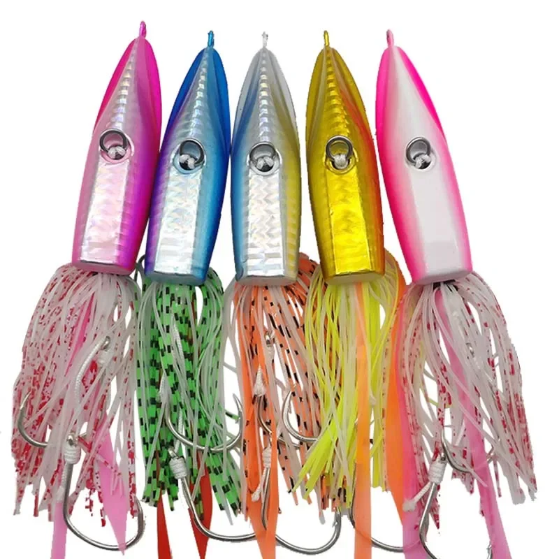 

5 Pcs Jig Lure Set with Glow Rubber Skirt 100g-200g Double Hooks Sea Water Resistant Fishing Lures for Bass Fishing Accessories