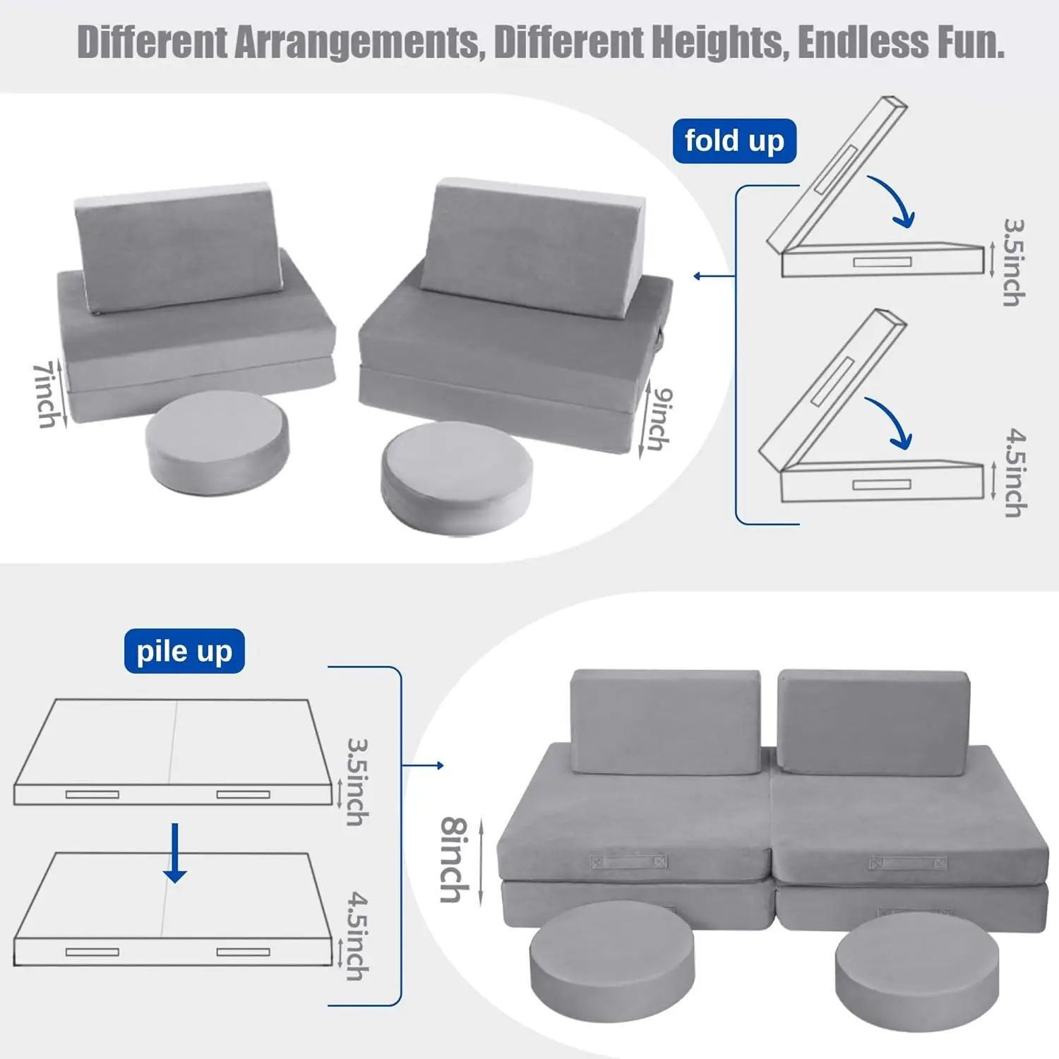 Sofá infantil para sala de jogos, sofá modular infantil para crianças, forte de construção de sofá infantil, sofá de espuma para crianças, sofá explorador, cinza