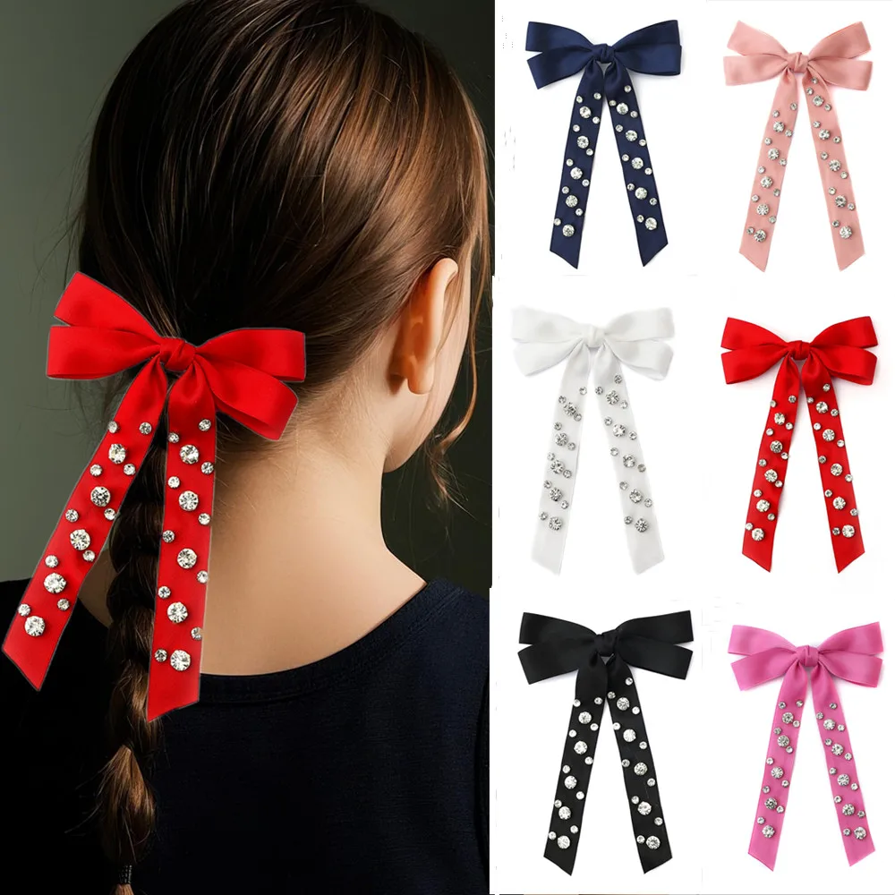 

Silky Satin Hair Bows Gem Stone Black White Hair Ribbon Ponytail Holder Accessories Slides Metal Clips Hair Bow for Women Girls