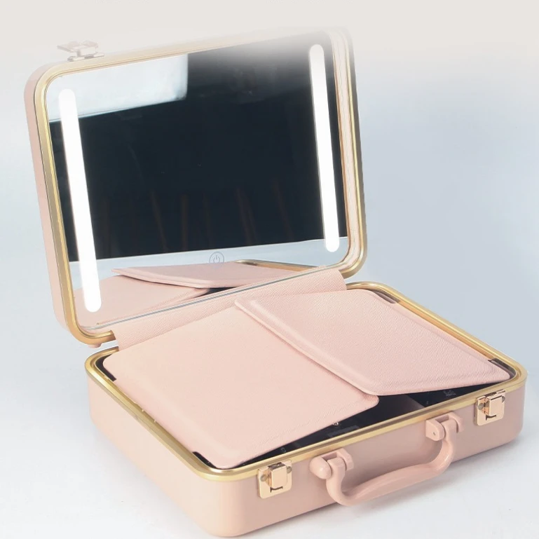 Handheld Lighted Makeup Case, Portable LED Dimmable Beauty Box With Mirror, Multi‑Layer Cosmetic Storage for On‑Site Makeup