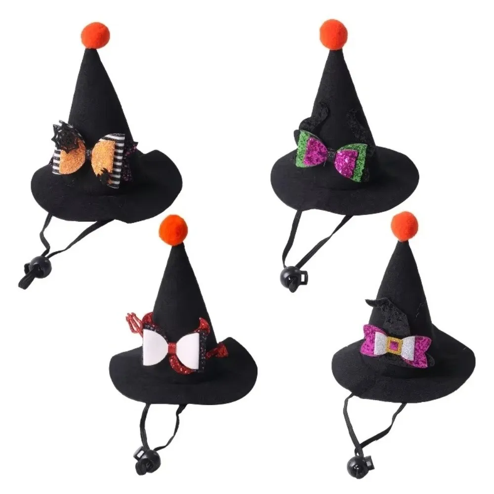 Adjustable Strap Pet Halloween Witch Hat Pointed Brim Curved Top Cat Witch Costume Cap Lightweight Fit Sequin Bowknot