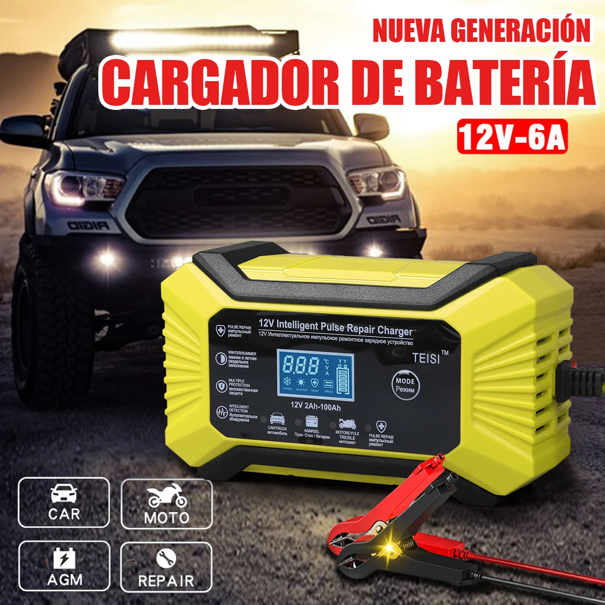

Car Battery Charger 6A 12V Car and Motorcycle Battery Charging Device Lead-acid Battery Smart Repair LCD Display