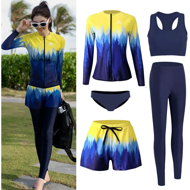 

Women's 5 Piece Rash Guards UV Sun Protection Long Sleeve Swimsuits Zip Up Swim Shirts with Bikini Boyshorts Beachwear Sunsuits