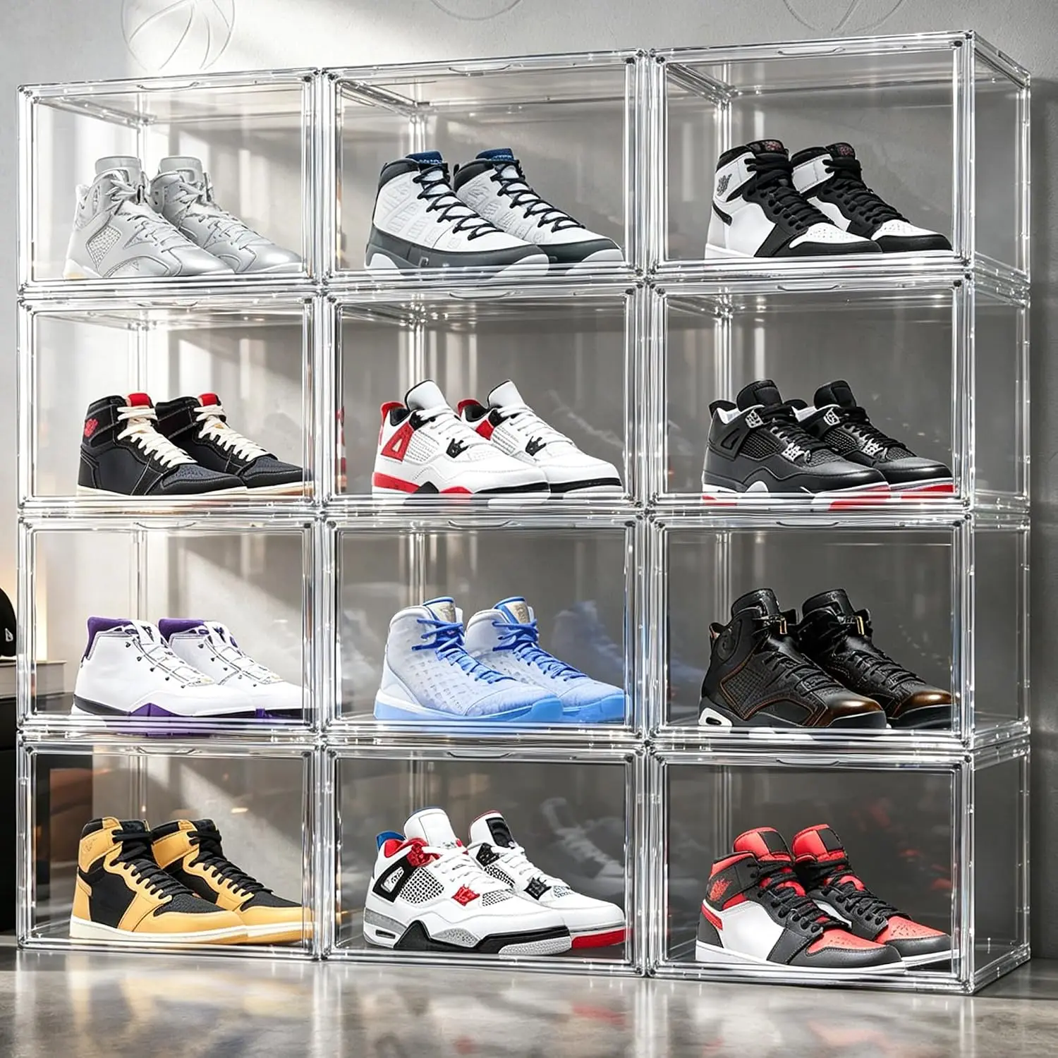 12 Pack Clear High-Top Sneaker Storage Boxes, Acrylic Shoe Organizer | Extra height 10.6'' for high-top sneakers & athletic foot