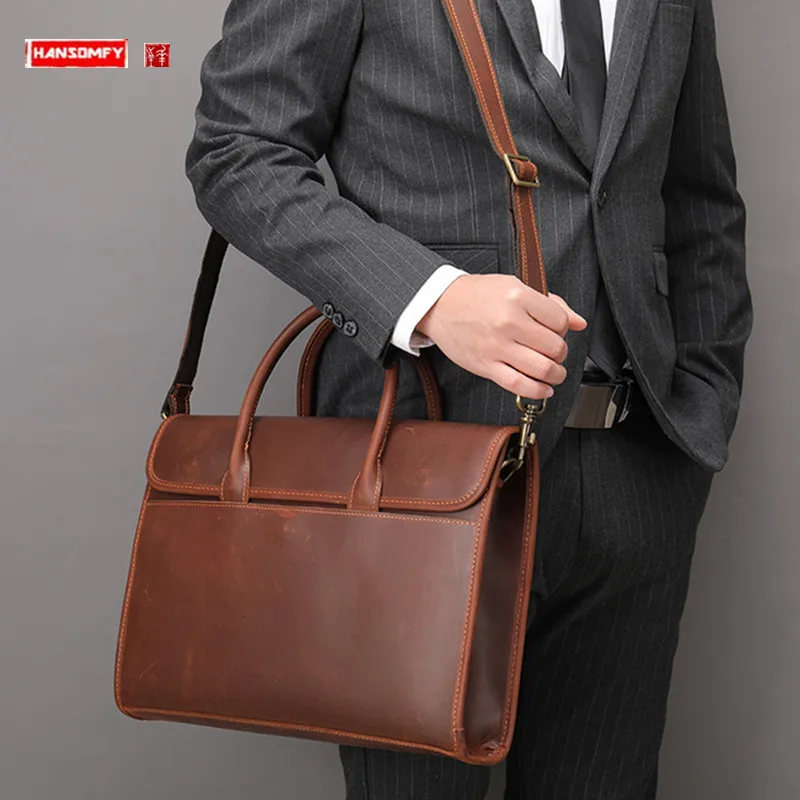 

Crazy Horse Leather Men's Handbag Genuine Leather Business Briefcase Large Capacity Men Shoulder Messenger Laptop Bags 2024 New