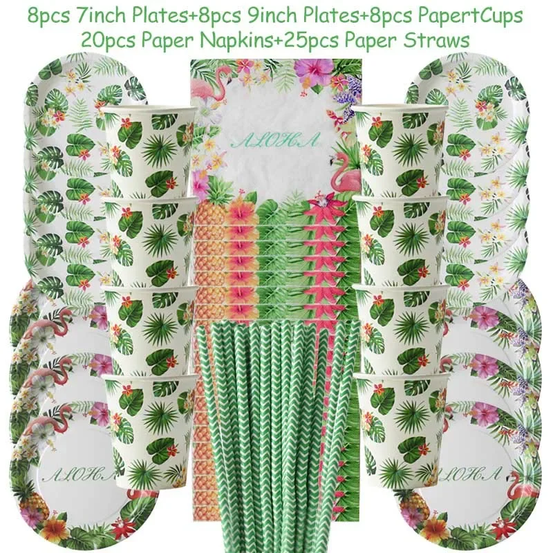 

Jungle Tropical Party Decorations with Artificial Flowers, Faux Flowers, Fake Flowers, Palm Leaves, Flamingo Bunting Banner for