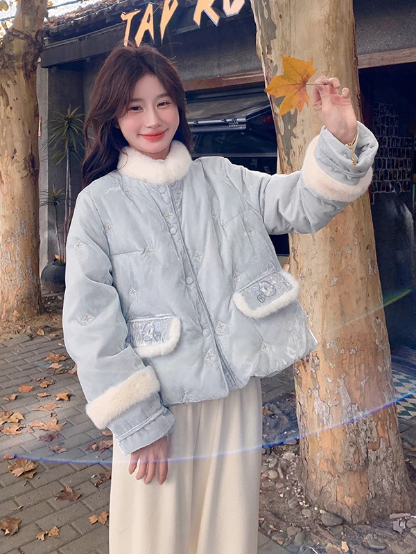 

New Chinese Sle White Du down Jaet Women's Winter Faion Small Size Milk Blue National Trend Outerwear Coat