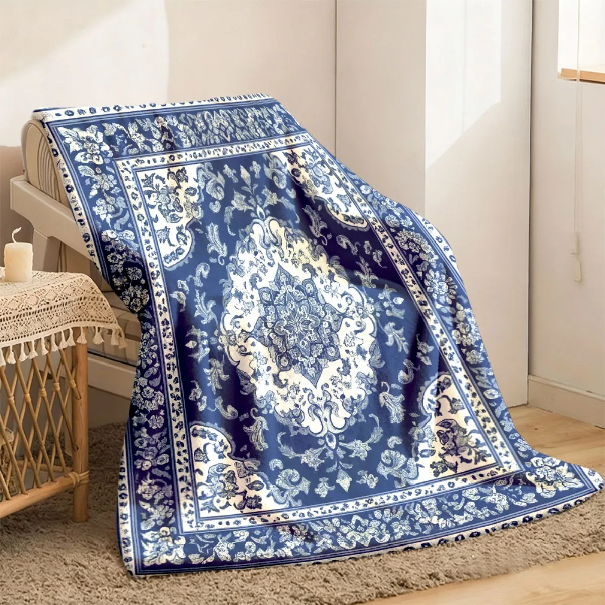 Chinese Blue and White Porcelain Floral Flannel Blanket, Retro Ornate Border Flower Print Soft Throw Bedroom Sofa Travel Classic