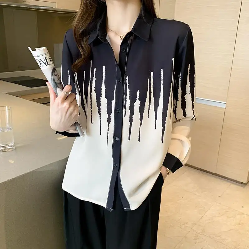 Vintage Printed Lapel Long Sleeve Button Oversized Chiffon Shirt 2022 Autumn New Casual Tops Loose Commute Women\'s Blouse