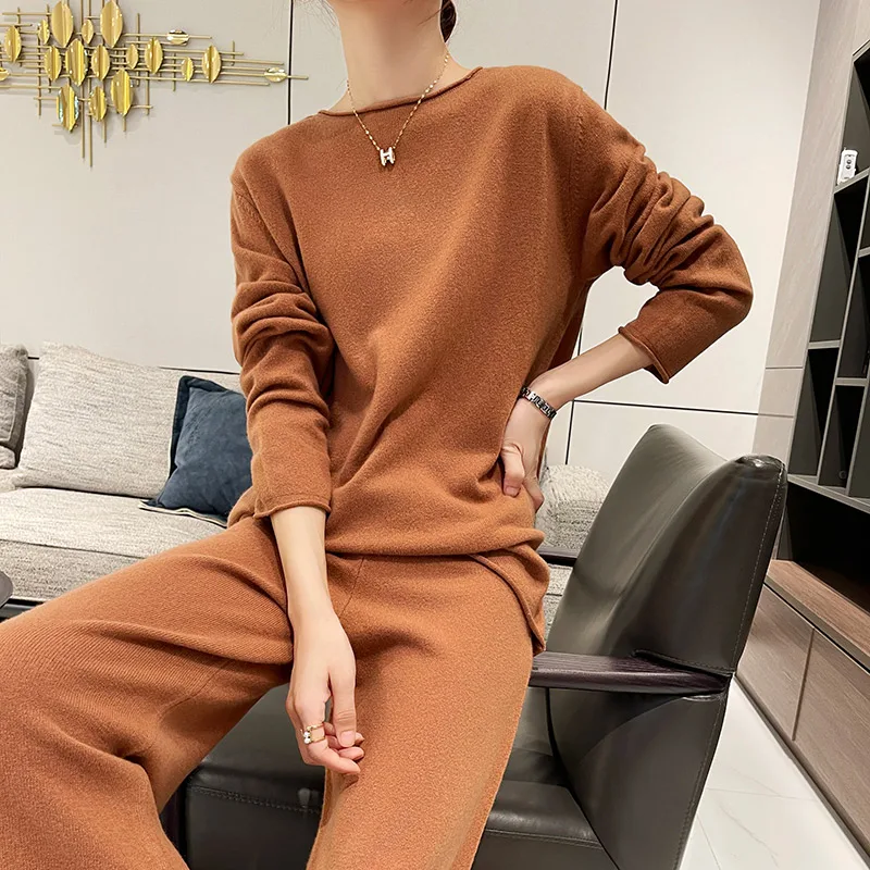 Wool suit women's two-piece round neck sweater trousers solid color pullover bottoming sweater autumn and winter new Joker