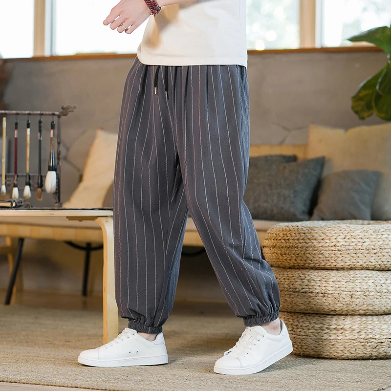 Japanese Style Stripe Summer Cotton Linen Harem Pants Men Streetwear Breathable Beach Pants Male Casual Calf-Lenght Trousers