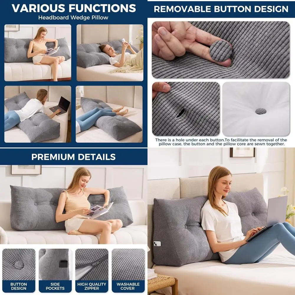 

Queen Size Pillow with Board Support, Removable Cover for Reading and Working, Ideal for Daybeds and Dorms, Grey