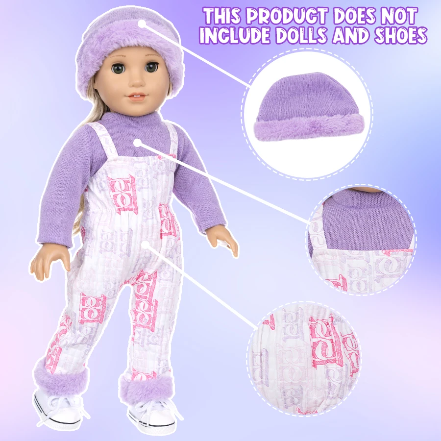 18Inch/45CM Doll Clothes Set Purple Clothing Plush Hat Rompers Rebirth Doll Toy Simulation Dress Up Party Soothing Doll Kid Gift