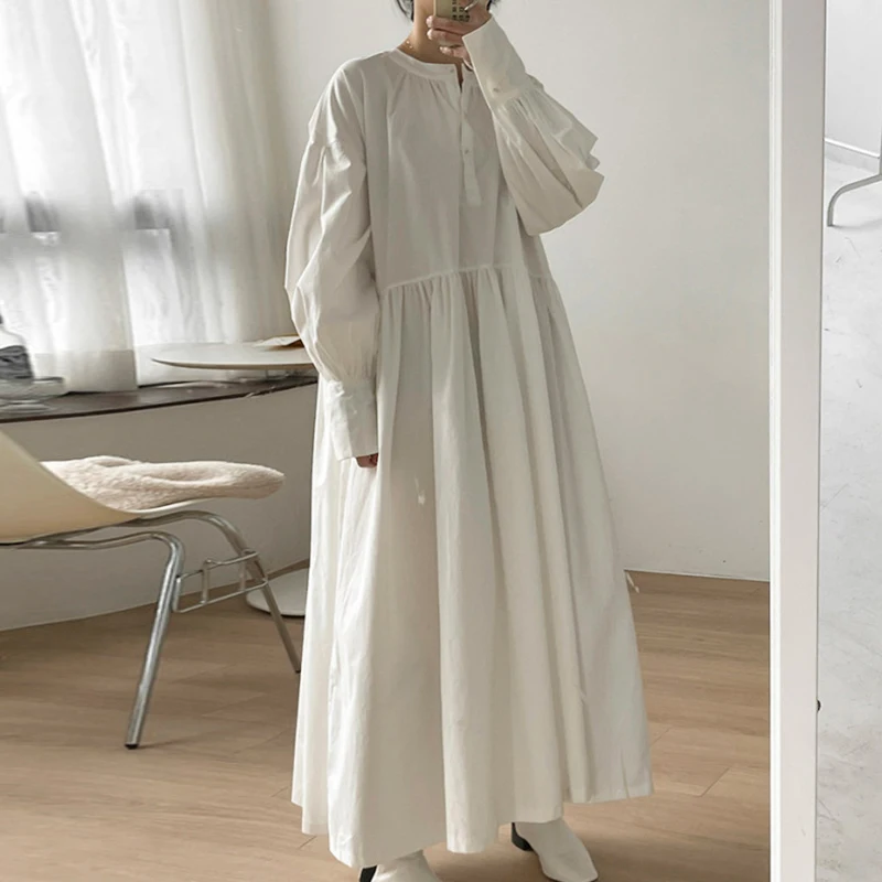 Tapis Chic rond Ne t-shirt bouton Design taille ample lanterne Sve couleur longue Dr femmes coréen Sle trajet