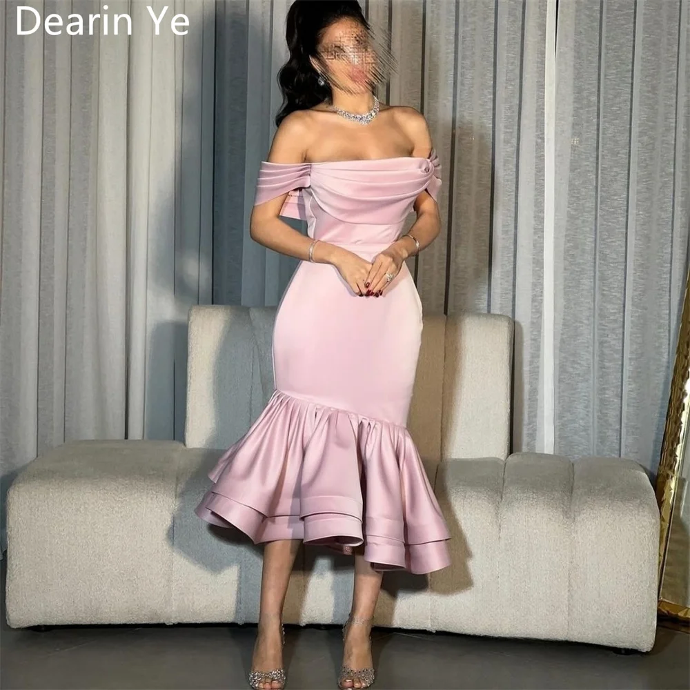 

Formal Gown Saudi Arabia Dearin Off-the-shoulder Trumpet Tea Length Skirts Draped Fold Layered Hugging Bespoke Occasion Dresses