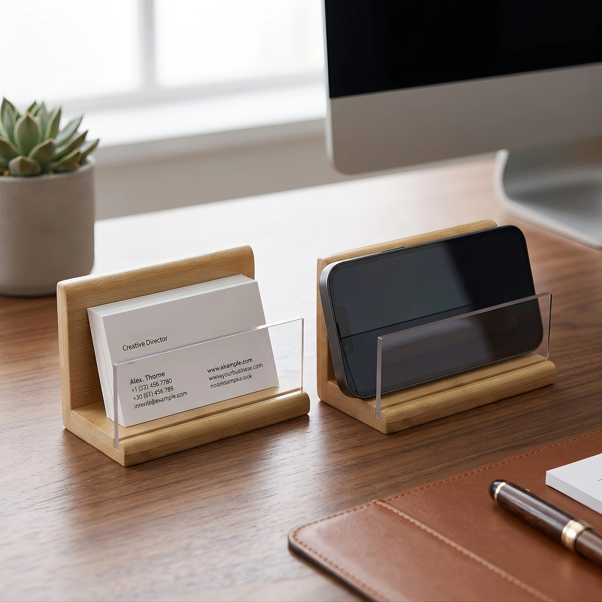 1/2Pcs Bamboo Desktop Business Card Holder Display for Desks Sturdy Business Card Stand for Office, Tabletop  Organiser
