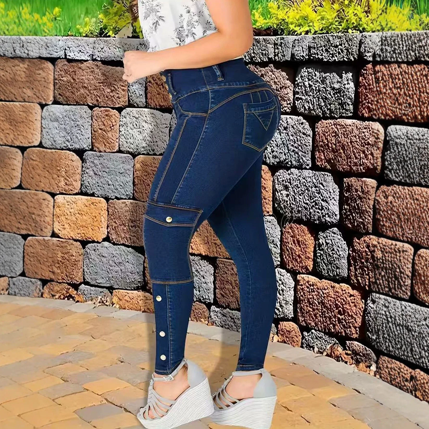 spring Women High Waist Buttons Butt Lift Skinny Jeans Stretch Denim Cargo Pants Calça Jeans Feminina Multi Pocket Slim Trousers