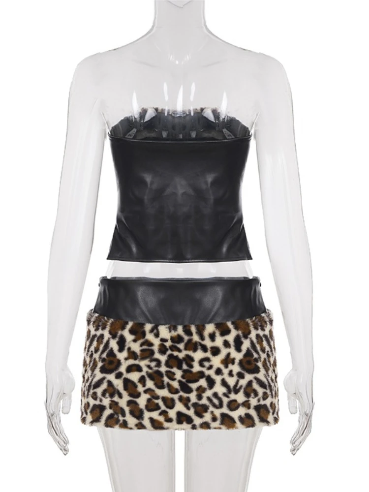 Amerikanischen Retro Koreanische Zwei Stück Set Frauen Leopard Pelz Patchwork Leder Korsett Top + Rock Sexy Vintage Stil Slim Fit Outfit