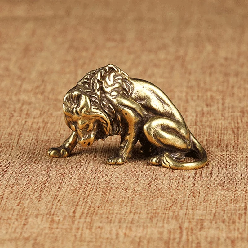 Estatua de Rey León fuerte de bronce antiguo, escultura de tigre de cobre Vintage, León, leopardo, adornos, figura de Mascota de té Animal, decoración de escritorio