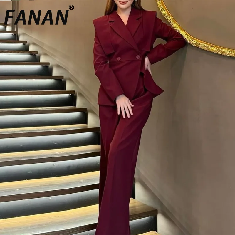 

FANAN Solid Two Piece Set For Women Lapel Long Sleeve Tunic Spliced Button Coat High Waist Wide Leg Pant Chic Set Female