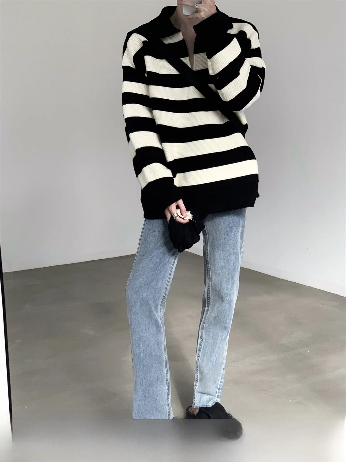 Retro Washed High Waist Slim Fit Straight Leg Men's Jeans Blue Denim Frayed Hem Casual Wear Multi Pocket Autumn Mountain Wind