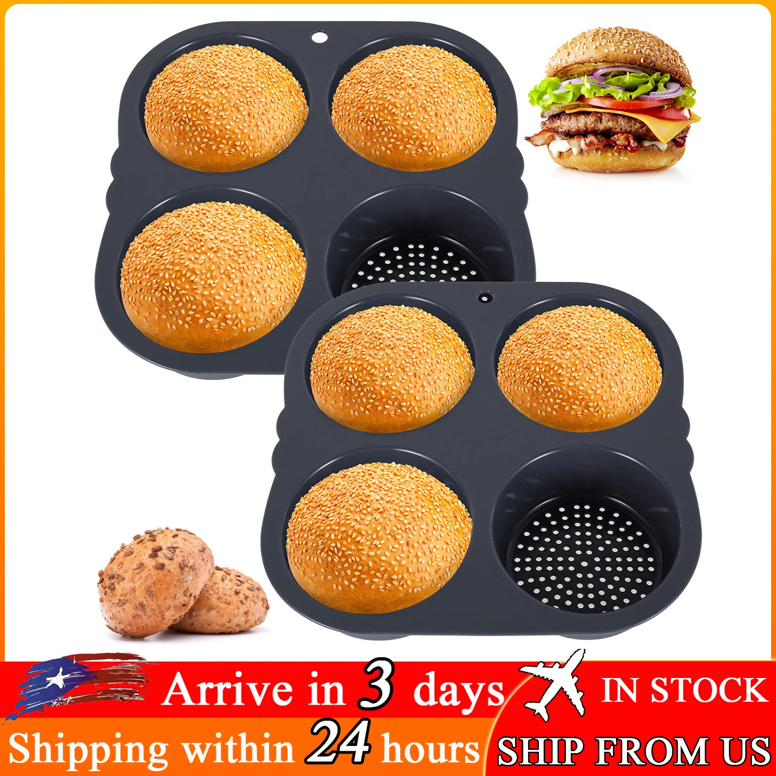 

Silicone Hamburger Bun Mold Kitchen 4 Cavities Bread Mold Non-stick Hamburger Bun Pan Flexible Reusable Pastry Baking Tray