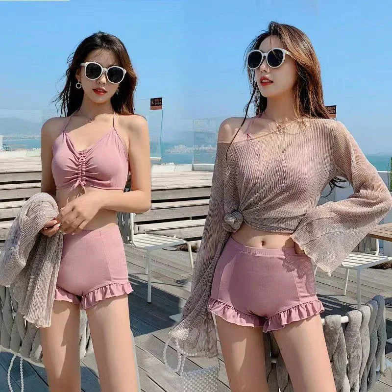 

Korean Nude Bikini Swimwear Ladies 3pcs Swimsuit Sexy Cover Belly Split Bikini Three Piece Long Sleeve 2024 New Fairy Model