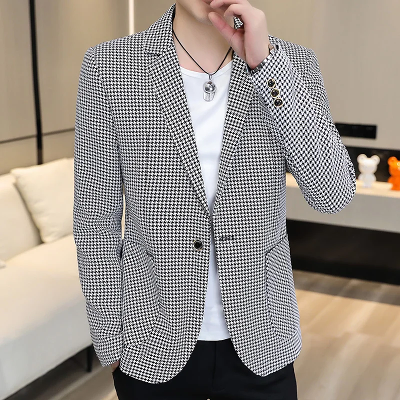 2024 New Men's Fashion Korean Version Slim-fit Banquet Trend Classic Handsome Texture Lattice Leisure Suit Blazer Masculino