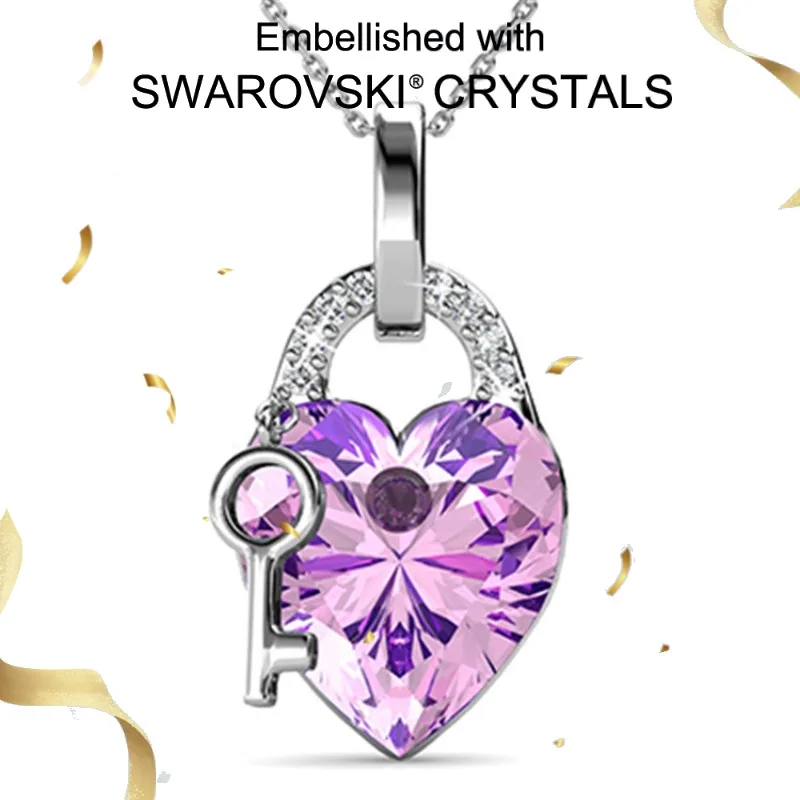 

Daisini 100% 925 Silver Swarovski Crystals Pink Heart & Key Necklace for Women Pendant Elegant Dainty Anniversary Chains Jewelry