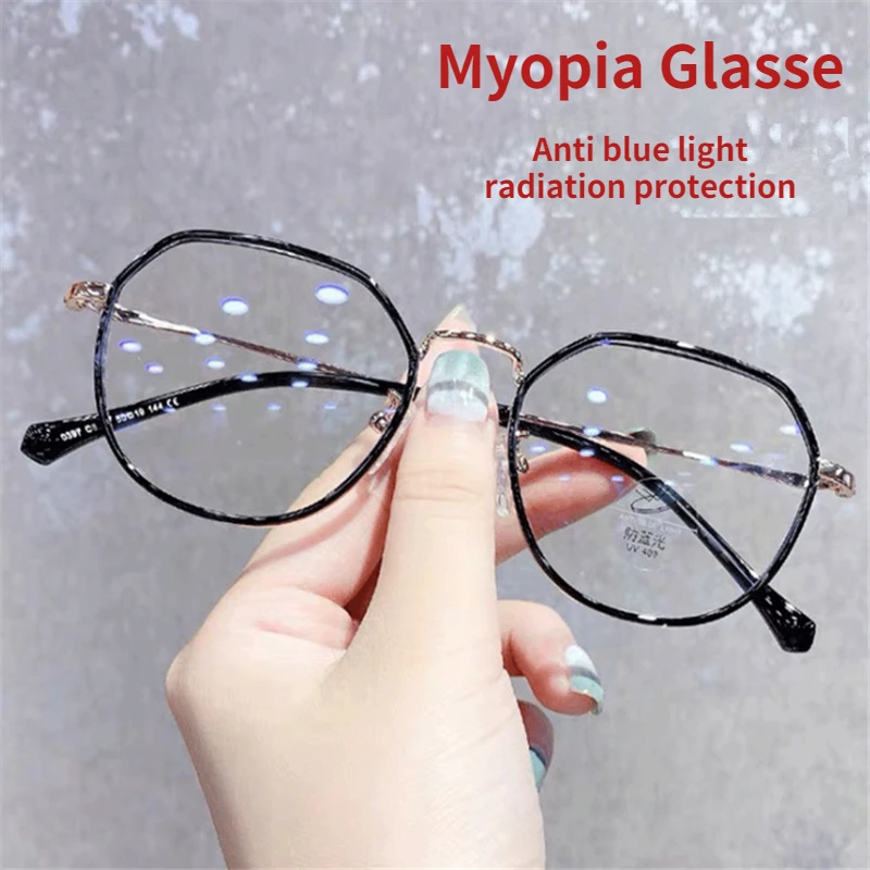 Myopia GlasseAnti Blue Light Radiation Protection Finished  Women with Minus Degree Round Nearsighted Eyewear Diopter -0.5 To -6