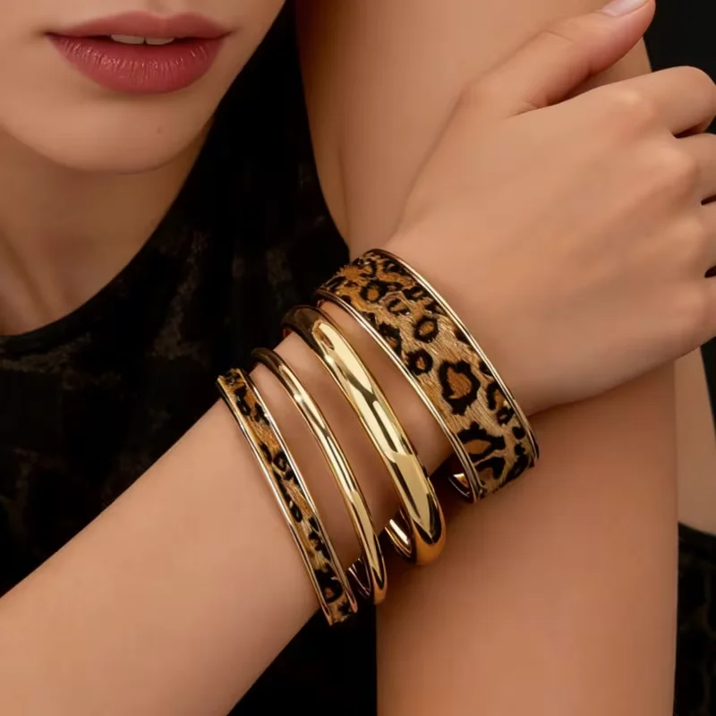 4pcs Bohemian Leopard Print Bracelet Set for Women Retro Elegant Minimalist PU Leather Bangle Daily Wear Party Jewelry Gift New