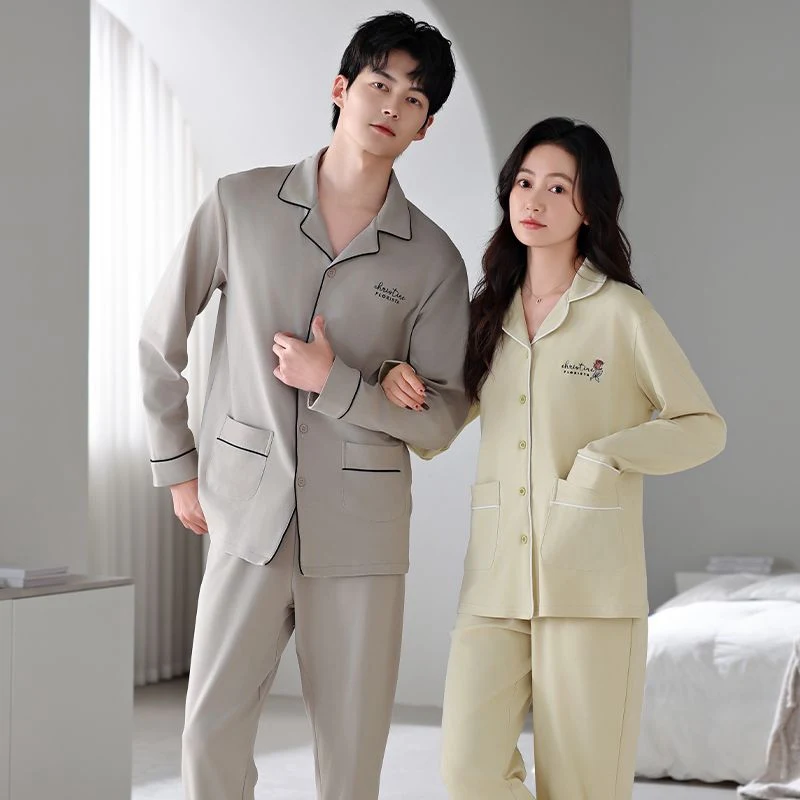 

Осень 202, пара пижамных комплектов из 100% хлопка с длинными рукавами для мужчин, корейская свободная одежда для сна, костюм, пижама, женская домашняя одежда, домашняя одежда