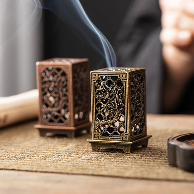 Square Vertical Incense Burner Small Xiangyun Alloy Incense Holder Indoor Aromatherapy Home Ornament Chinese Plum Inense Burners