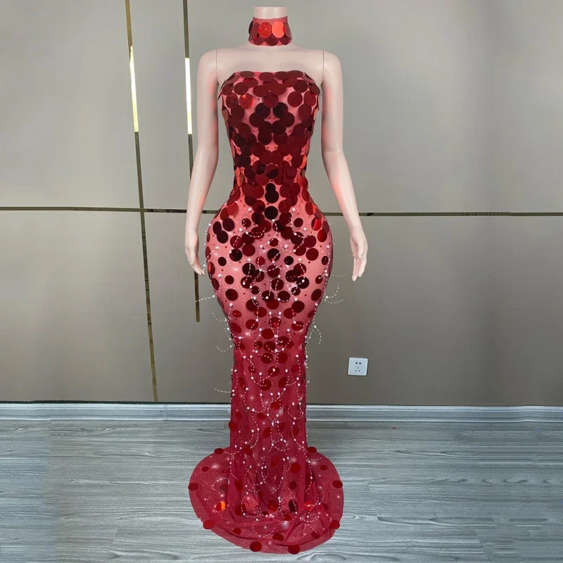 

Full Rhinestones Evening Dresses Women Red Mirrors Pearls Dress Singer Party Celebrate Stage Costume Festival Outfit