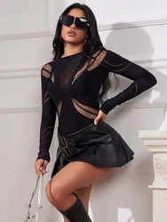 Body nero Lingerie sexy a rete Babydoll Manica lunga Teddy Bodystockings Scava fuori Pigiama Maglia elastica Pagliaccetti interi