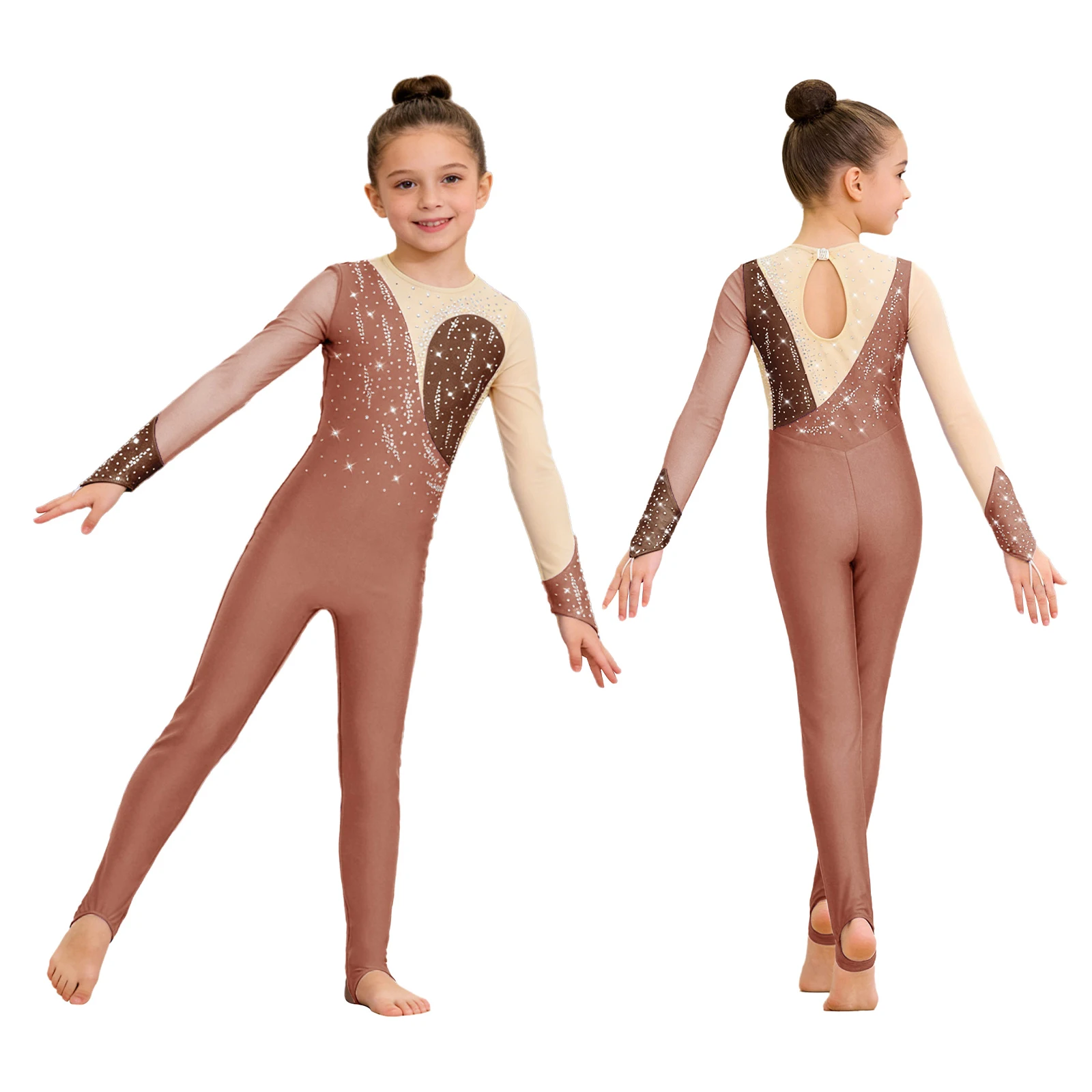 

Girls Dance Color Block Stirrup Unitard Jumpsuit Ballet Skate Gymnastics Full Body Leotard Rhinestones Long Sleeve Bodysuit