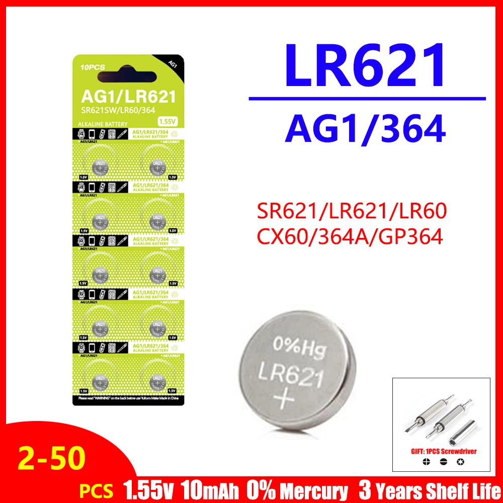 Pile alcaline pour montre, clé de voiture, télécommande, jouet, pile bouton, pile bouton, AG1, LR621, 364, V364, 164, 531, SR621, SR621SW, SR60, CX60, 1.55V, 2-50 pièces