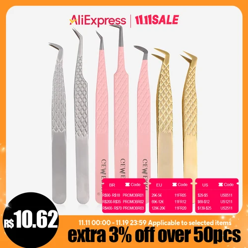 Pinzas Gemerry para pestañas, extensiones de pestañas profesionales, cejas, puntas de fibra de acero inoxidable, pinzas antiestáticas, herramientas de maquillaje