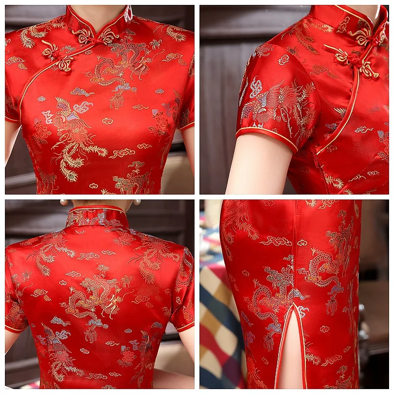 Navy blue Chinese Traditional Dress Women Satin Qipao Dragon Phenix Long Cheongsam Big Size 3XL 4XL 5XL 6XL