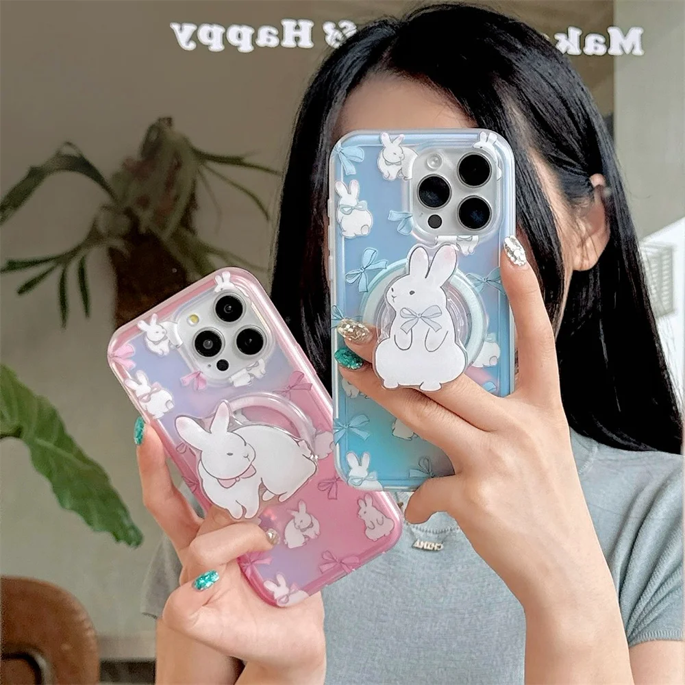 

Korean INS Bowknot Rabbit Magnetic Stand Phone case For iPhone 14 15 16 17 Pro Max With Cartoon Magnetic Holder Protective Cover