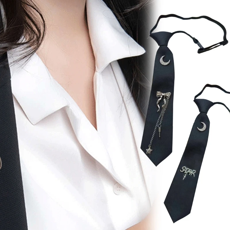 Adult Teens Tassels Moon Star Pendant Black Pre Tied Necktie with Metal Chain Bowknot Charm Unisex Punk Student Uniform Neck Tie