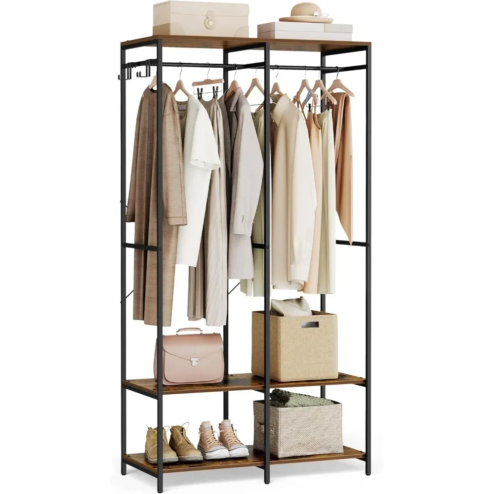 

Clothes Rack, Iron and Wood Wardrobe Closet Organizer, Heavy Duty Garment Rack with Hanging Rods, Closet Shelves,Removable Hooks