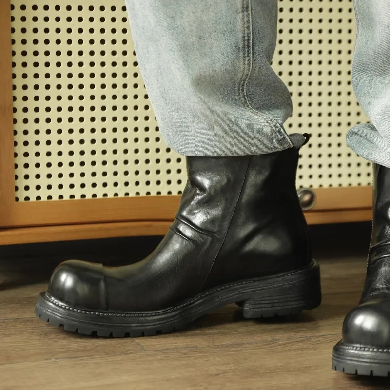 Męskie buty Chelsea w stylu retro z brytyjskiej skóry naturalnej, ręcznie robione, codzienne, motocyklowe, robocze, botki na grubej podeszwie, czarne, brązowe.